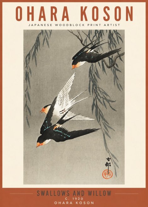 Ohara Koson Swallows and Willow II No3 - Plakát