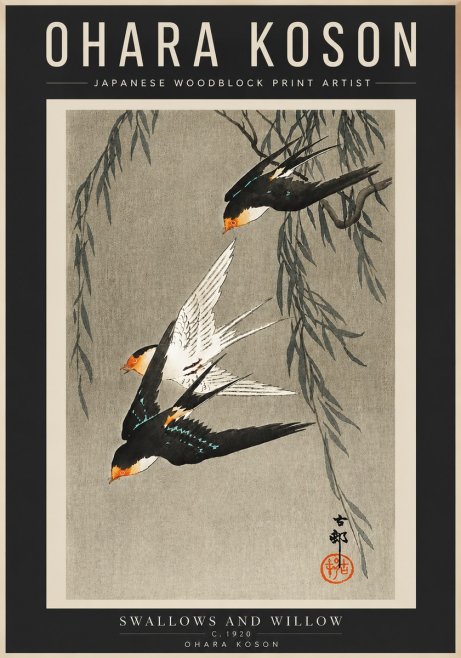 Ohara Koson Swallows and Willow II No4 - Plakát