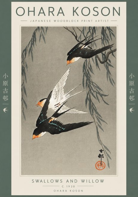 Ohara Koson Swallows and Willow II No5 - Plakát