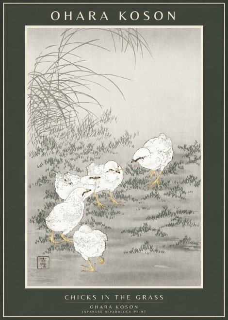 Ohara Koson Chicks in the Grass No1 - Plakát