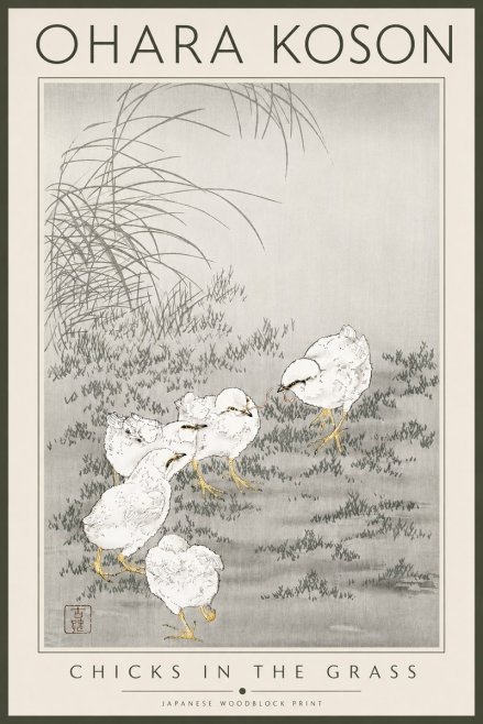 Ohara Koson Chicks in the Grass No4 - Plakát