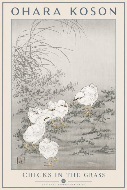 Ohara Koson Chicks in the Grass No5 - Plakát
