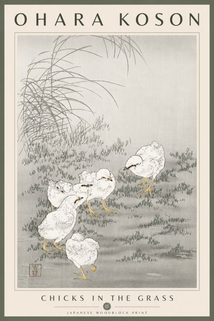 Ohara Koson Chicks in the Grass No6 - Plakát