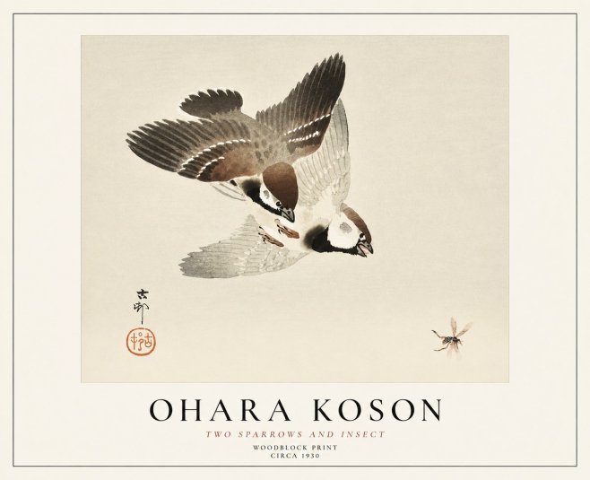 Ohara Koson Two Sparrows and Insect No1 - Plakát