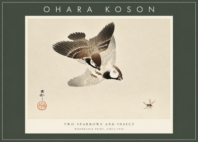 Ohara Koson Two Sparrows and Insect No2 - Plakát