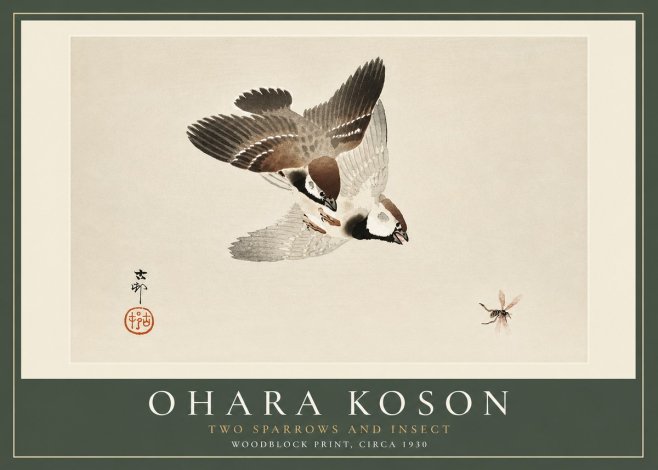 Ohara Koson Two Sparrows and Insect No4 - Plakát
