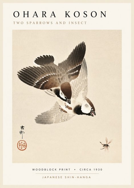 Ohara Koson Two Sparrows and Insect No5 - Plakát