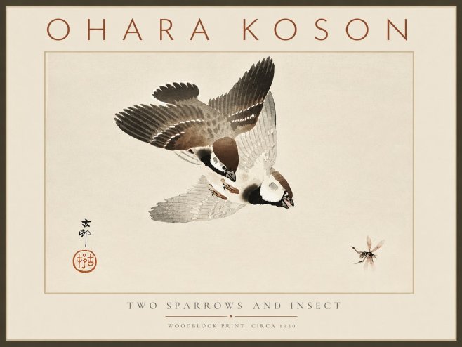 Ohara Koson Two Sparrows and Insect No6 - Plakát