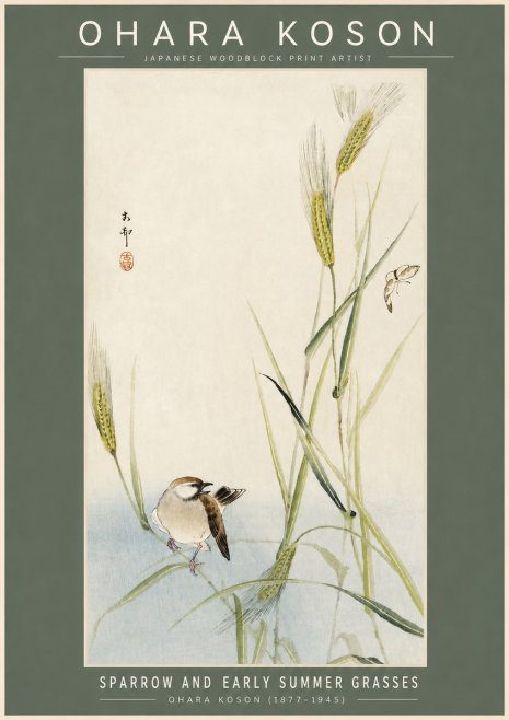 Ohara Koson Sparrow and Early Summer Grasses No2 - Plakát