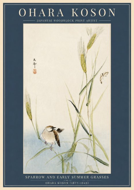 Ohara Koson Sparrow and Early Summer Grasses No6 - Plakát