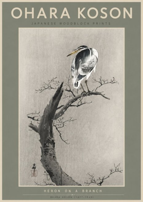 Ohara Koson Heron on a Branch No6 - Plakát