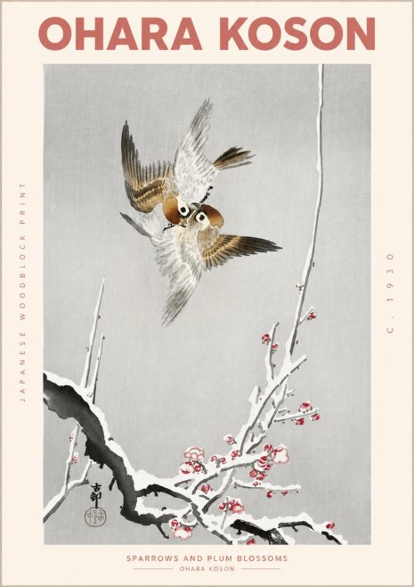 Ohara Koson Sparrows and Plum Blossoms No2 - Plakát