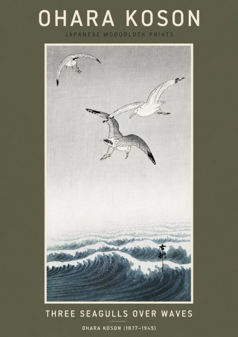 Ohara Koson Three Seagulls over Waves No3 - Plakát