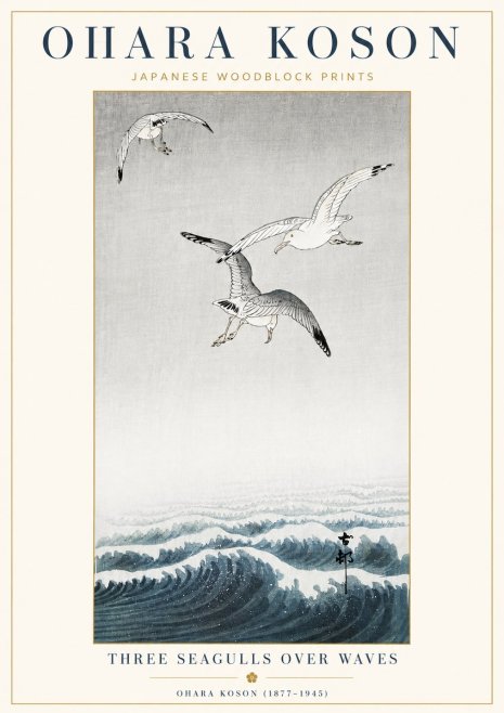 Ohara Koson Three Seagulls over Waves No4 - Plakát