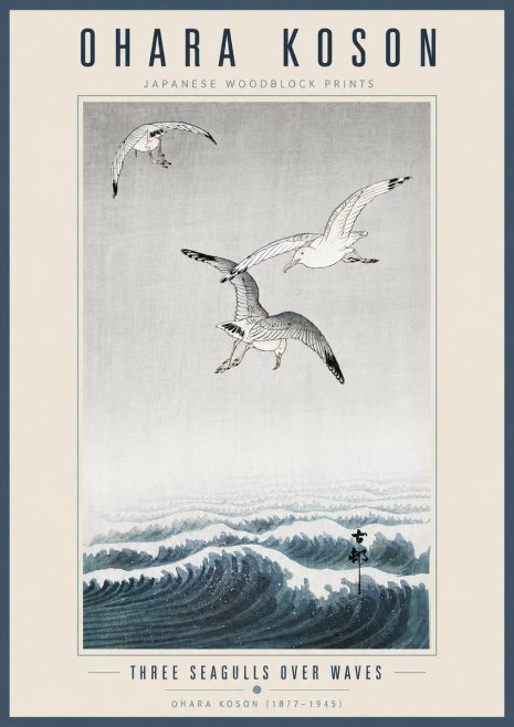 Ohara Koson Three Seagulls over Waves No5 - Plakát