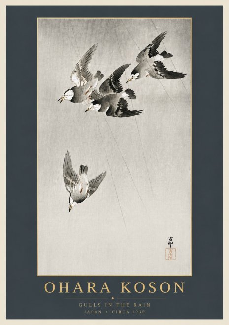 Ohara Koson Gulls in the Rain No6 - Plakát