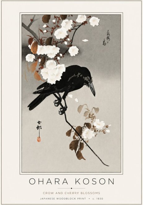 Ohara Koson Crow and Cherry Blossoms No4 - Plakát