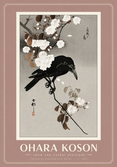 Ohara Koson Crow and Cherry Blossoms No6 - Plakát