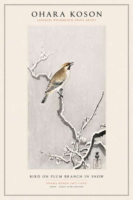 Ohara Koson Bird on Plum Branch in Snow No1 - Plakát