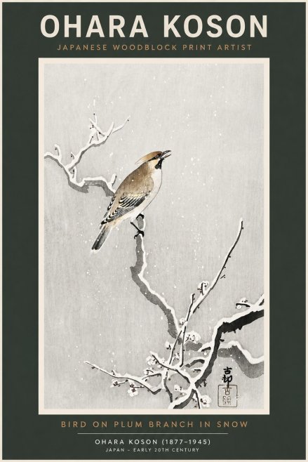 Ohara Koson Bird on Plum Branch in Snow No2 - Plakát