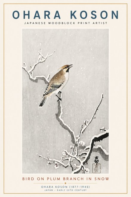 Ohara Koson Bird on Plum Branch in Snow No3 - Plakát