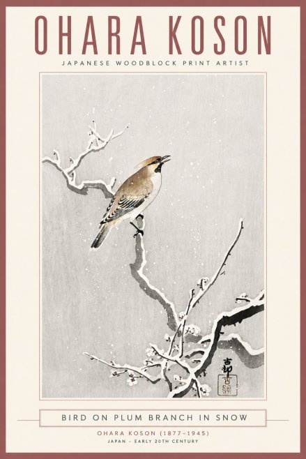 Ohara Koson Bird on Plum Branch in Snow No4 - Plakát