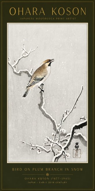 Ohara Koson Bird on Plum Branch in Snow No6 - Plakát