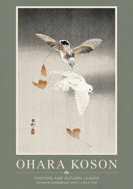 Ohara Koson Pigeons and Autumn Leaves No5 - Plakát