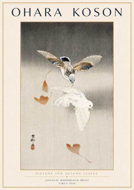 Ohara Koson Pigeons and Autumn Leaves No6 - Plakát