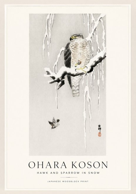 Ohara Koson Hawk and Sparrow in Snow No1 - Plakát
