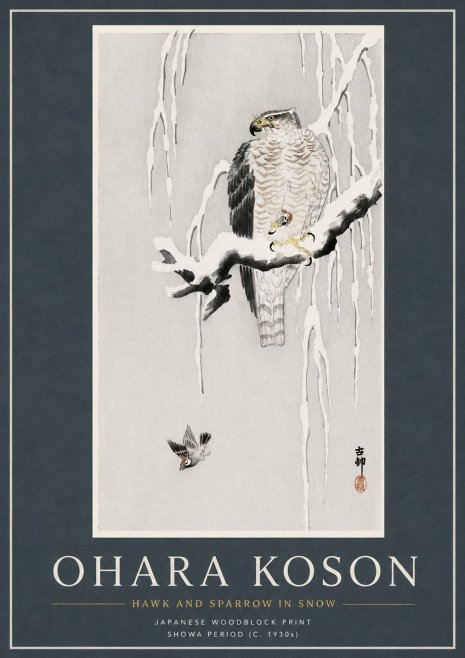 Ohara Koson Hawk and Sparrow in Snow No3 - Plakát