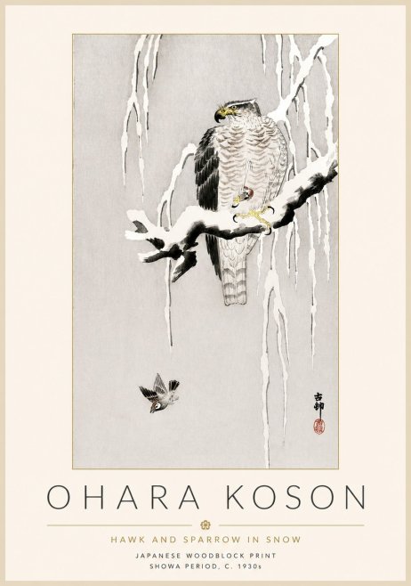 Ohara Koson Hawk and Sparrow in Snow No4 - Plakát
