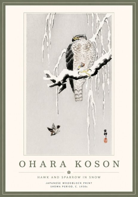 Ohara Koson Hawk and Sparrow in Snow No5 - Plakát