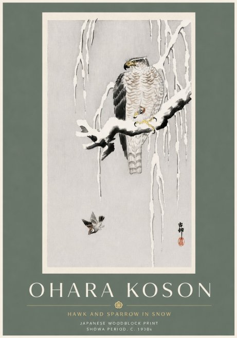 Ohara Koson Hawk and Sparrow in Snow No6 - Plakát
