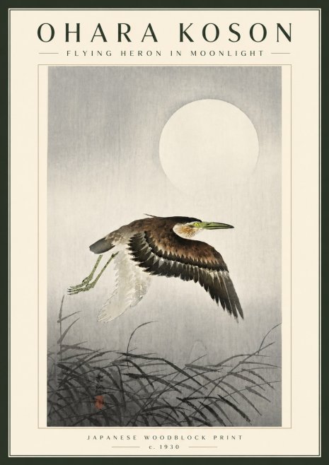 Ohara Koson Flying Heron in Moonlight No5 - Plakát