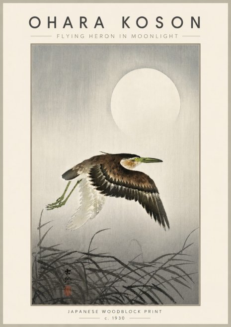 Ohara Koson Flying Heron in Moonlight No6 - Plakát