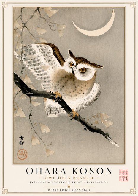 Ohara Koson Owl and Crescent Moon No2 - Plakát