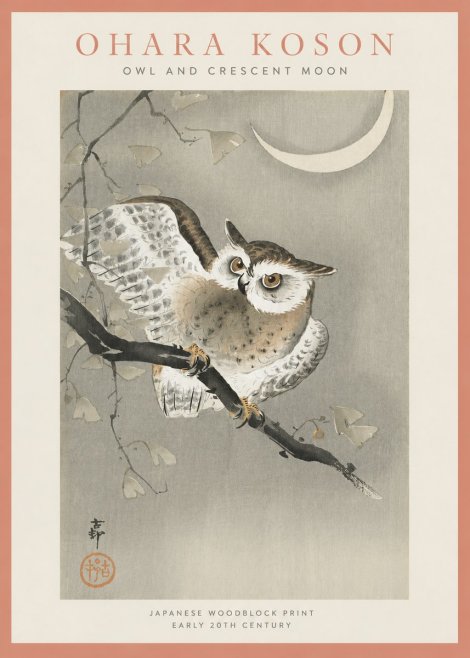 Ohara Koson Owl and Crescent Moon No4 - Plakát