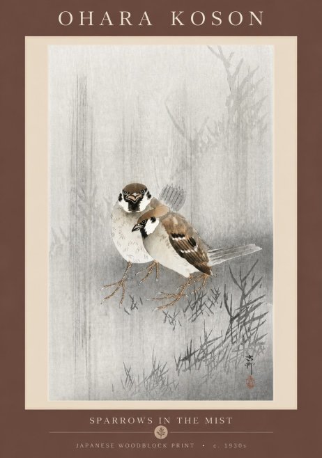 Ohara Koson Sparrows in the Mist No5 - Plakát