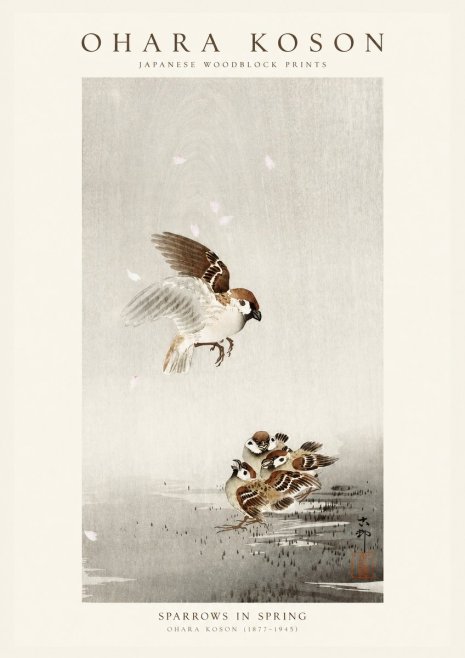 Ohara Koson Sparrows in Spring No1 - Plakát