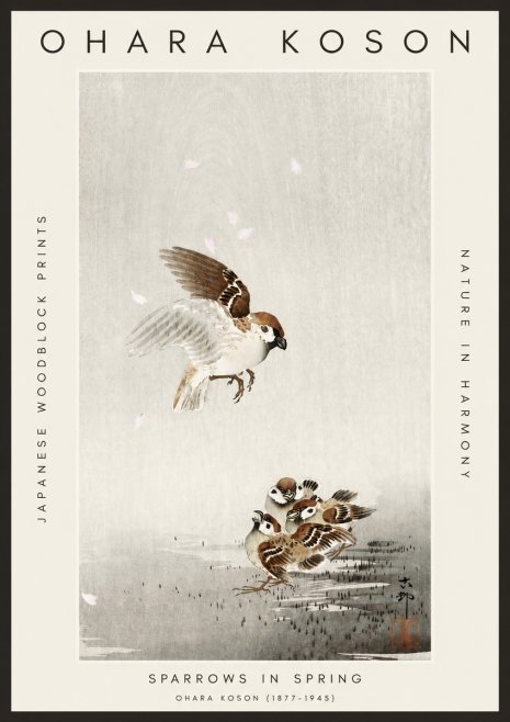 Ohara Koson Sparrows in Spring No3 - Plakát