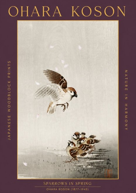 Ohara Koson Sparrows in Spring No5 - Plakát