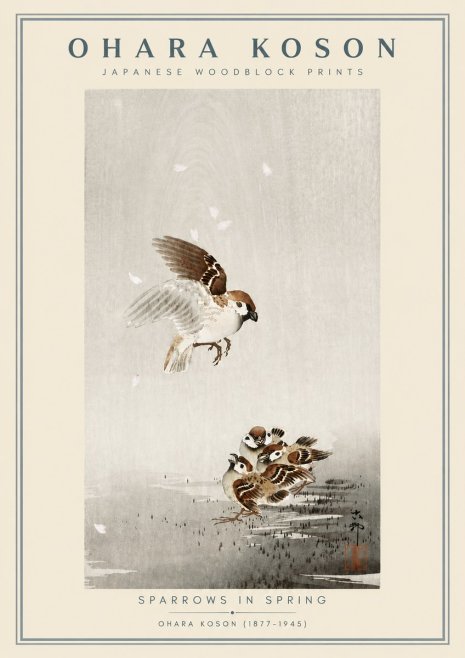 Ohara Koson Sparrows in Spring No6 - Plakát