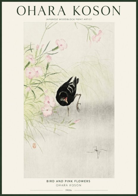 Ohara Koson Bird and Pink Flowers No1 - Plakát