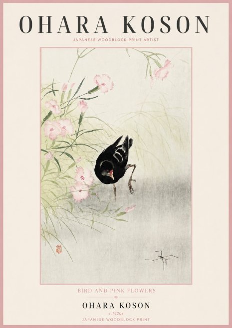 Ohara Koson Bird and Pink Flowers No2 - Plakát