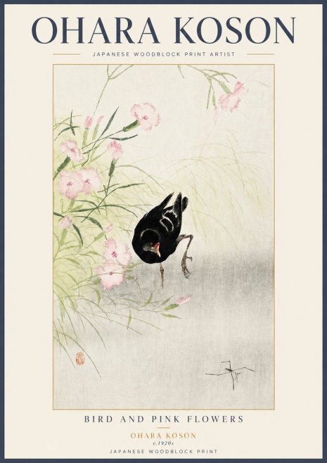 Ohara Koson Bird and Pink Flowers No3 - Plakát