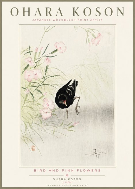 Ohara Koson Bird and Pink Flowers No4 - Plakát
