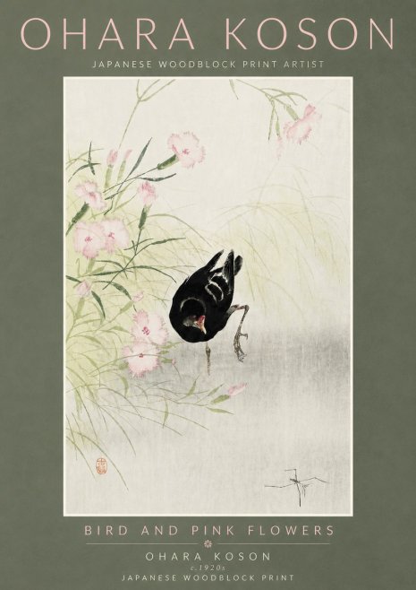 Ohara Koson Bird and Pink Flowers No5 - Plakát