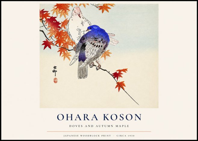 Ohara Koson Doves and Autumn Maple No1 - Plakát