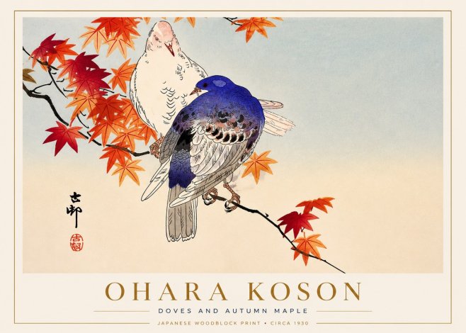 Ohara Koson Doves and Autumn Maple No3 - Plakát